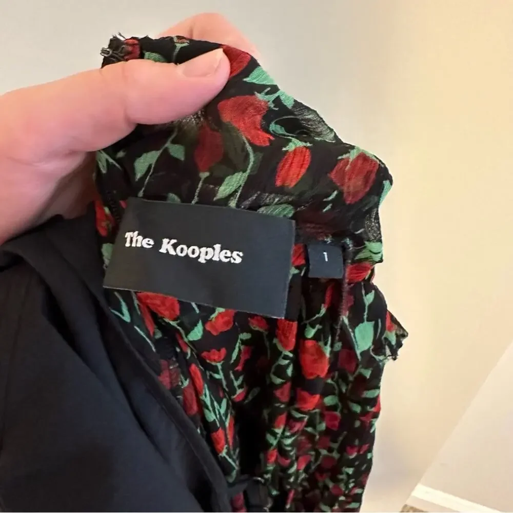 The Kooples Black Red Floral Silk Long Sleeve Mini Dress Small